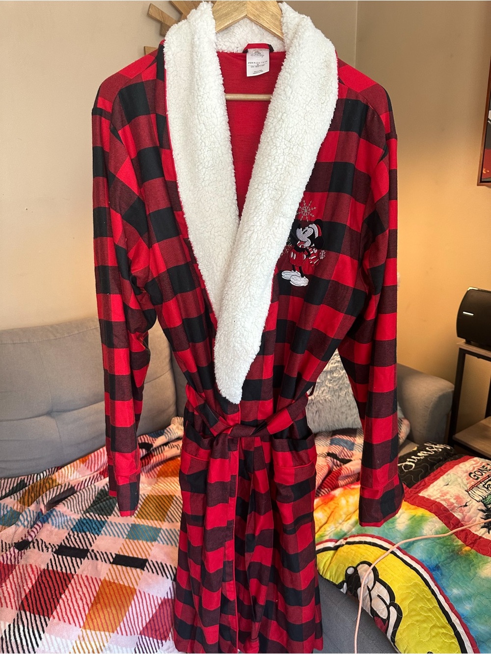 Disney Men's Mickey Mouse Red and Black Buffalo Plaid Robe with Sherpa Collar